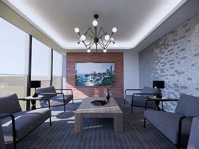 Modern Meeting Room Interior With Large Windows Brick Wall Chandelier And City View TV 3d model