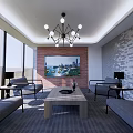 Modern Meeting Room Interior With Large Windows Brick Wall Chandelier And City View TV