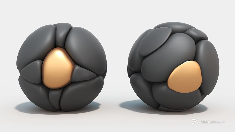 Two Black And Gold Spherical Art Installation With Textured Segmented Surfaces 3d model 