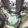 Modern Urban High Rise Complex With Central Water Feature And Surrounding Roads