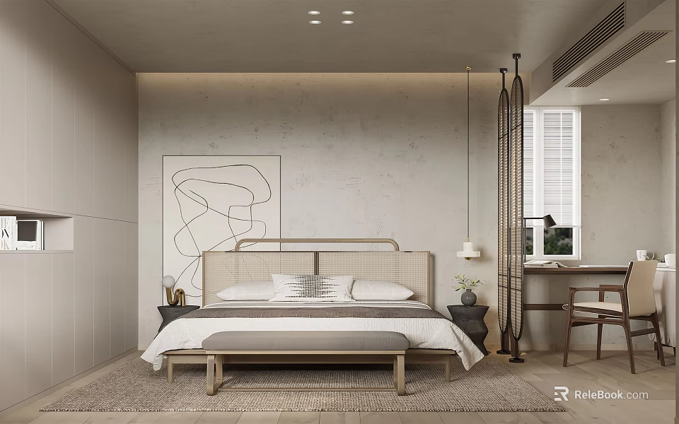 Minimalist Bedroom Interior Design With Rattan Headboard Bed Bench Desk Chair And Abstract Wall Art 3d model 