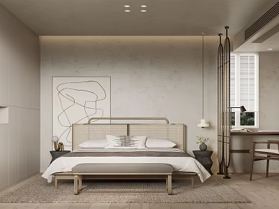 Minimalist Bedroom Interior Design With Rattan Headboard Bed Bench Desk Chair And Abstract Wall Art 3d model