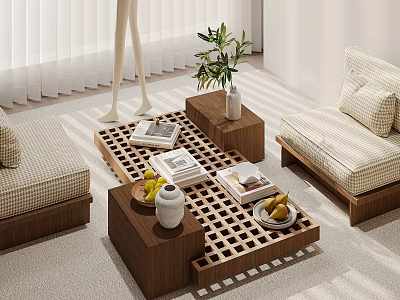 Modern Minimalist Wooden Coffee Table With Grid Design Fruits Books Plant And Seats 3d model
