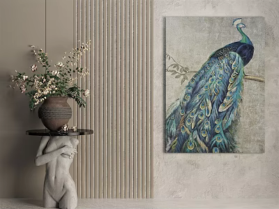 Artistic Peacock Animal Painting With Vibrant Feathers Perched On Branch For Interior Decor 3d model