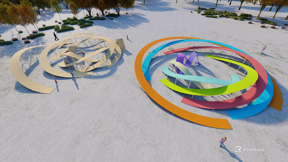 Colorful Circular Landscape Wall Design In Public Park With Pedestrians 3d model 