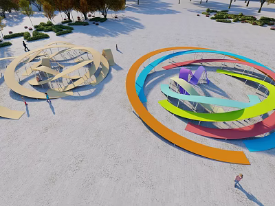 Colorful Circular Landscape Wall Design In Public Park With Pedestrians 3d model