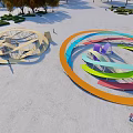 Colorful Circular Landscape Wall Design In Public Park With Pedestrians