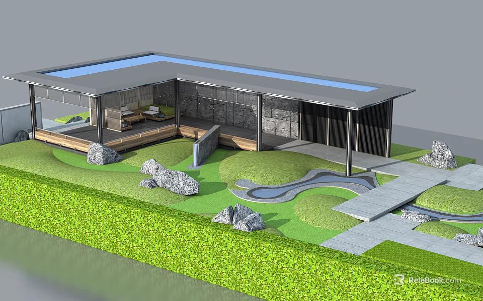 Modern Pergola Design With Green Lawn Stone Pathway And Water Feature 3d model 