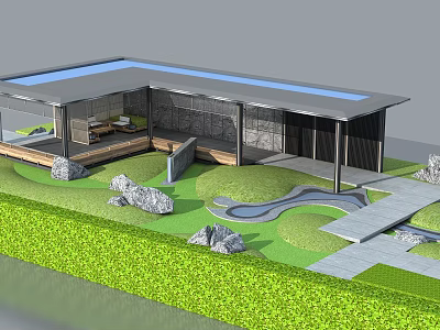 Modern Pergola Design With Green Lawn Stone Pathway And Water Feature 3d model