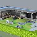 Modern Pergola Design With Green Lawn Stone Pathway And Water Feature