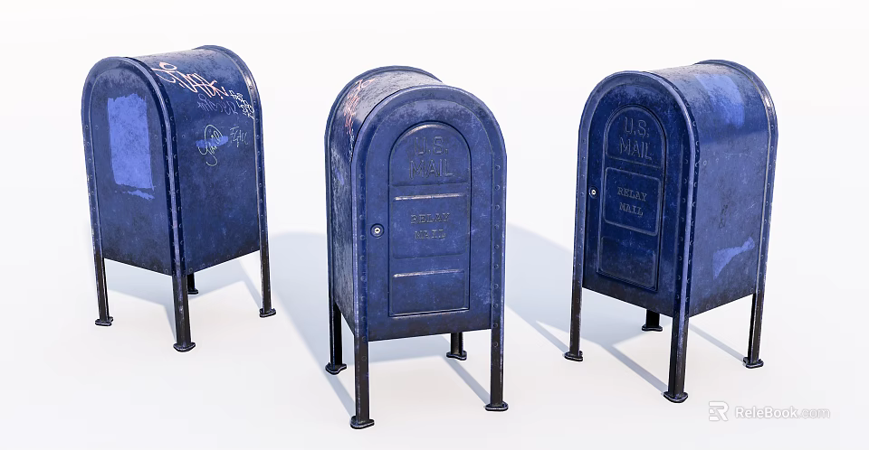 Three Vintage Blue Metal U.S. Mail Public Standing Mailboxes Design 3d model
