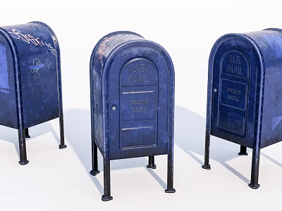 Three Vintage Blue Metal U.S. Mail Public Standing Mailboxes Design 3d model