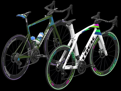 Two TREK Road Bicycles With Green And White Stylish Frames And Colorful Wheel Rims 3d model