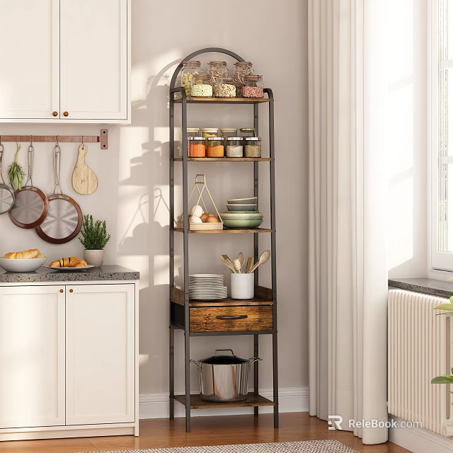 Modern Kitchen Storage Shelf With Metal Frame And Wood Shelves Holding Jars Dishes And Utensils 3d model 
