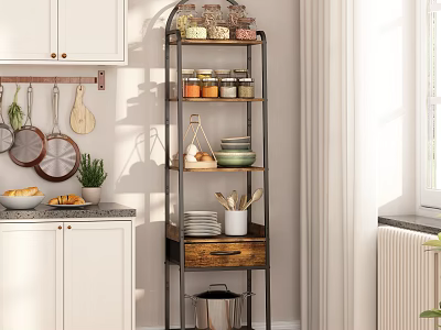 Modern Kitchen Storage Shelf With Metal Frame And Wood Shelves Holding Jars Dishes And Utensils 3d model