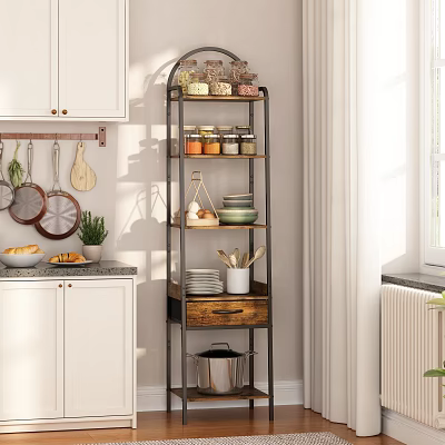 Modern Kitchen Storage Shelf With Metal Frame And Wood Shelves Holding Jars Dishes And Utensils 3d model