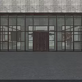 Carved Red Double Doors With Glass Windows In Grey Stone Facade Reflecting Trees And Car