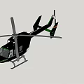 Black Helicopter With Green Stripes Flying High In The Blue Sky