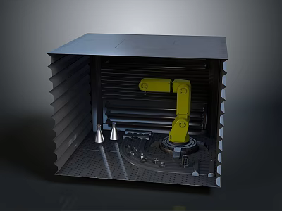 Grey Enclosed Automated Equipment With Yellow Robotic Arm And Internal Machinery 3d model