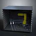 Grey Enclosed Automated Equipment With Yellow Robotic Arm And Internal Machinery