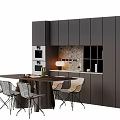 Modern Kitchen Dining Table Set With Dark Cabinets And Metal Chairs 3d model