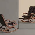Elegant Dark Leather Rocking Chair With Ornate Wooden Frame And Classic Design