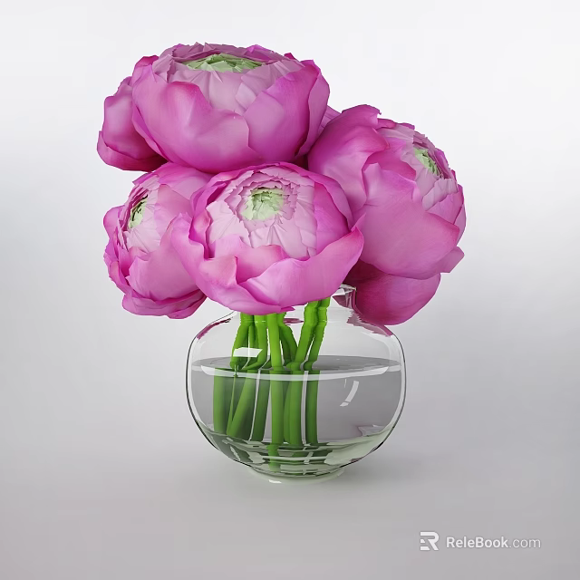 Pink Peonies Arrangement In Transparent Glass Vase With Water And Green Stems 3d model 