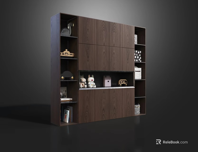 Dark Wooden Cabinet With Multiple Shelves And Decorative Items On 3d model 