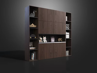 Dark Wooden Cabinet With Multiple Shelves And Decorative Items On 3d model