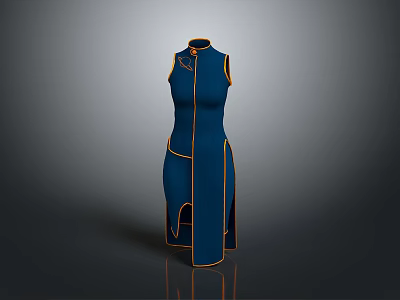 Blue Sleeveless Cheongsam with Golden Trim Details Long Length and Side Slit 3d model