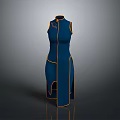 Blue Sleeveless Cheongsam with Golden Trim Details Long Length and Side Slit
