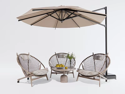 Outdoor Table with Rattan Chairs Umbrella Fruit and Vase in Garden Setup 3d model