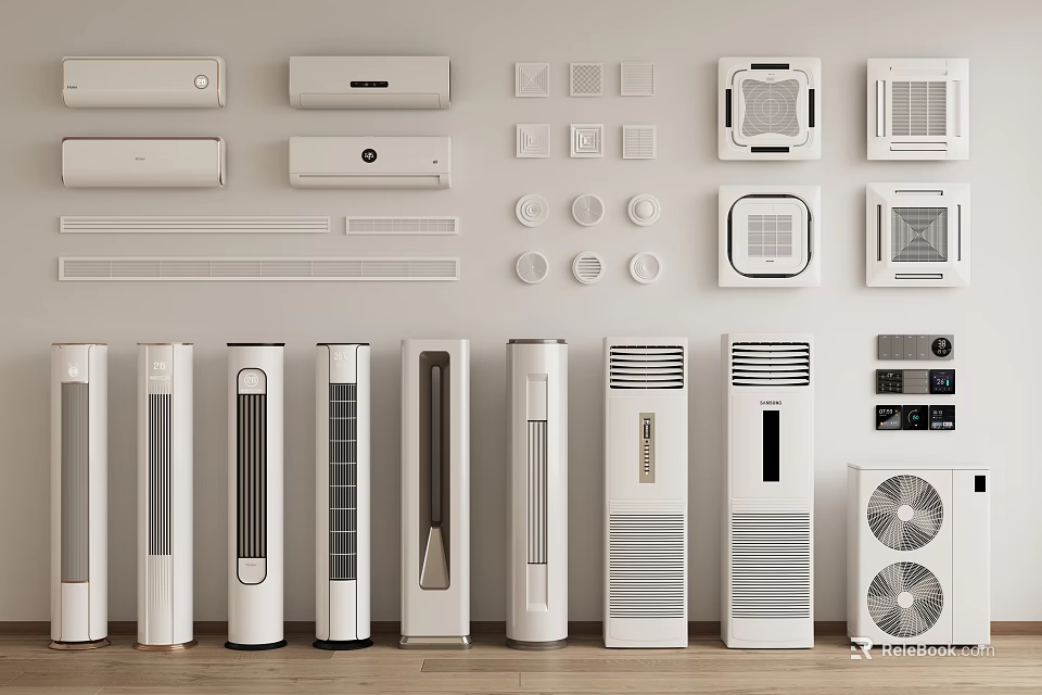 Various Styles of Air Conditioners and Fans Including Wall Mounted Standing And Ceiling Designs 3d model 