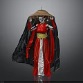 Traditional Costume Mannequin Wearing Red White Robe Black Cape Yellow Belt And Bamboo Hat