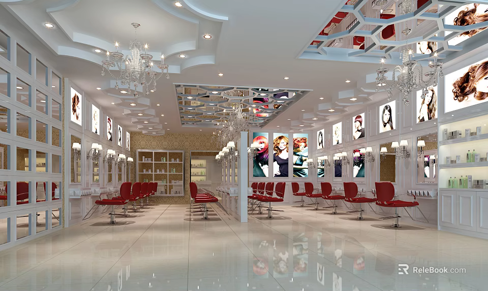 Elegant Beauty Hair Salon Interior With Red Chairs Mirrors Chandeliers Display Shelves And Posters 3d model 