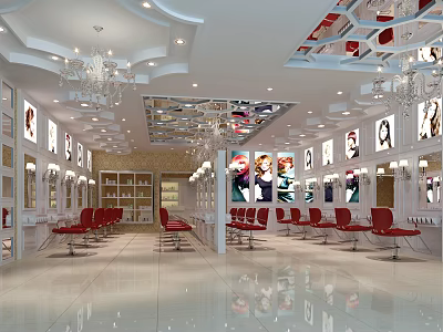 Elegant Beauty Hair Salon Interior With Red Chairs Mirrors Chandeliers Display Shelves And Posters 3d model