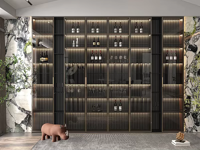 Modern Wine Cabinet Design With Glass Doors Lighting And Wine Bottles 3d model