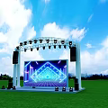 Outdoor Stage With Blue Laser Lights And Large Screen Displaying Geometric Patterns 3d model