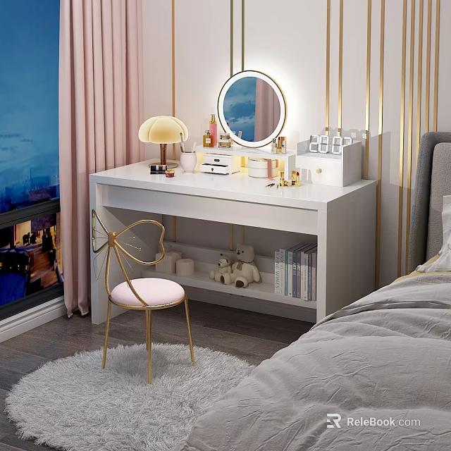 Stylish White Dressing Table with Round Mirror Table Lamp Cosmetics and Golden Wall Accents 3d model 