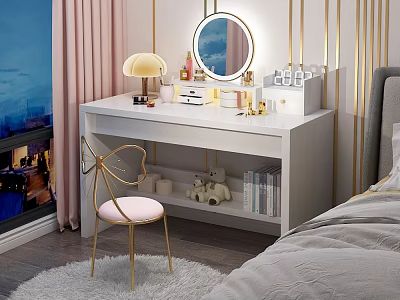 Stylish White Dressing Table with Round Mirror Table Lamp Cosmetics and Golden Wall Accents 3d model