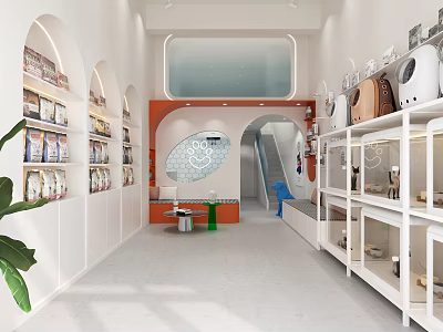 Bright Modern Mall Store Interior With White Shelves Displaying Bags And Green Plants 3d model