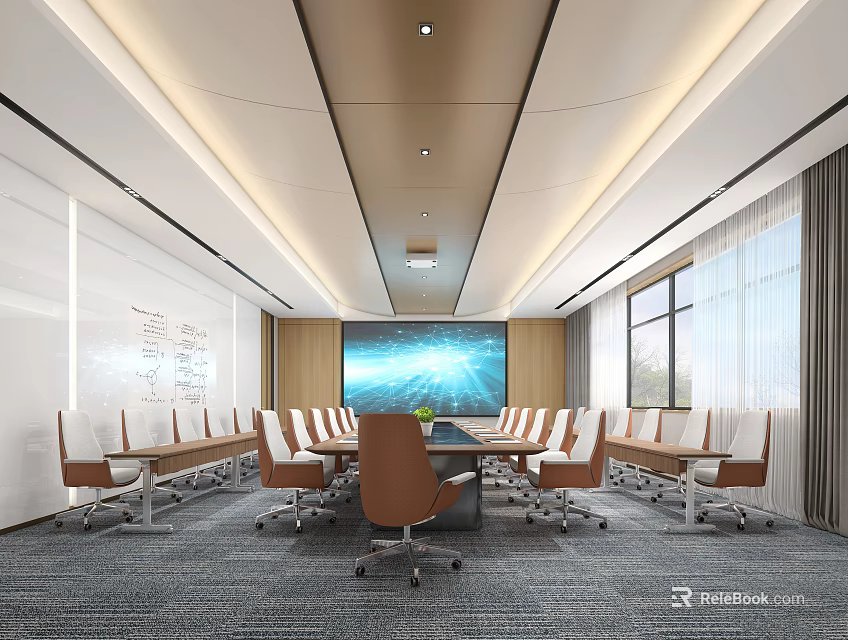 Modern Conference Room Interior With Long Wooden Table Ergonomic Chairs And Large Display Screen 3d model 