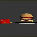 Delicious Cheeseburger With Sesame Bun On White Plate And Red Box Of Fries