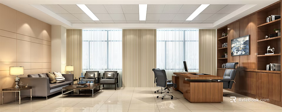 Modern Office Interior With Wooden Desk Sofa Chairs Windows Curtains And Ceiling Lights 3d model 