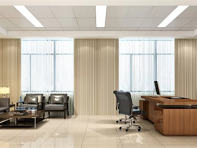 Modern Office Interior With Wooden Desk Sofa Chairs Windows Curtains And Ceiling Lights 3d model