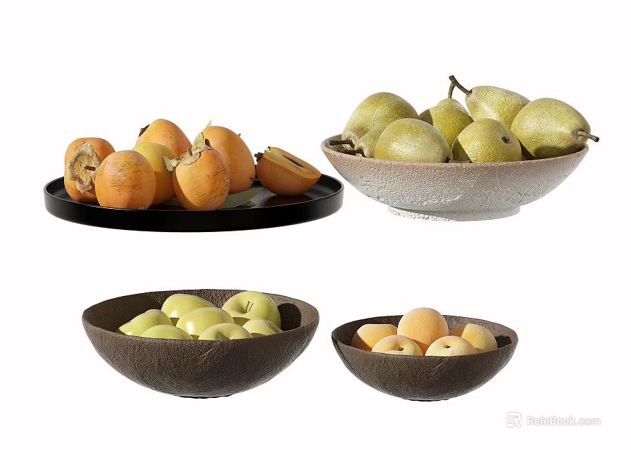 Ceramic Vessels Including Bowls And Plates Holding Assorted Fruits In Black White Brown 3d model 