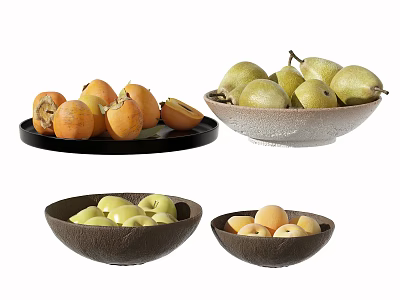 Ceramic Vessels Including Bowls And Plates Holding Assorted Fruits In Black White Brown 3d model