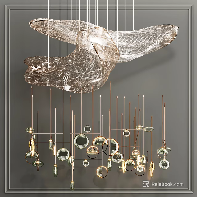 Modern Artistic Chandelier With Hanging Golden Rods And Glass Orbs Decoration 3d model 