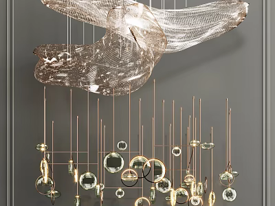 Modern Artistic Chandelier With Hanging Golden Rods And Glass Orbs Decoration 3d model