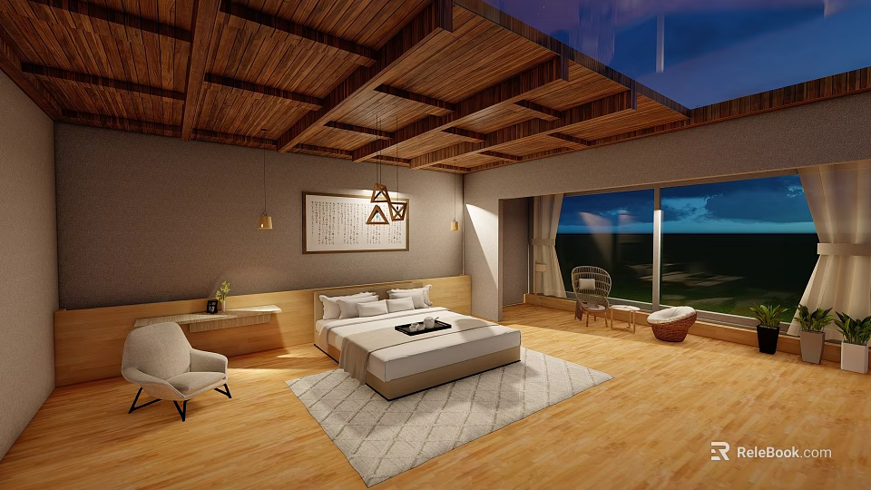 Hotel Room With Wooden Ceiling King Bed Area Rug And Ocean View Window 3d model 
